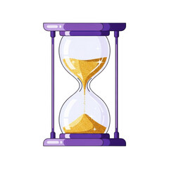 Classic purple hourglass with golden sand flowing isolated on transparent background
