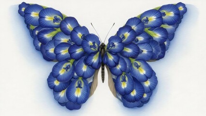 "A butterfly crafted from blue pea flowers, floating in a vast space, symbolizing purity and freedom."