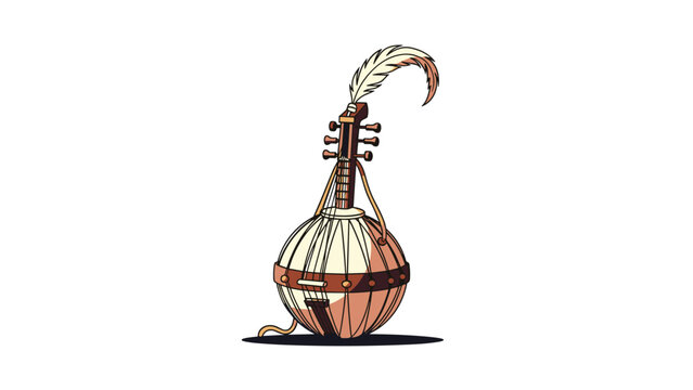 Traditional African string instrument known as a kora is shown with a decorative feather attached to its long wooden neck.