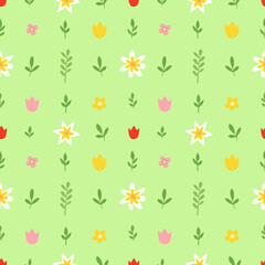Seamless pattern of flowers and branches. Abstract spring design with tulips, daffodils and twigs. Modern art for poster, social media, fabric, cover, textile, wrapping paper. Flat vector illustration