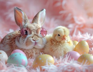 Baby chicks sleeping next to a large, fluffy bunny wearing glasses surrounded by Easter eggs. Pastel, spring colors. Easter background.

