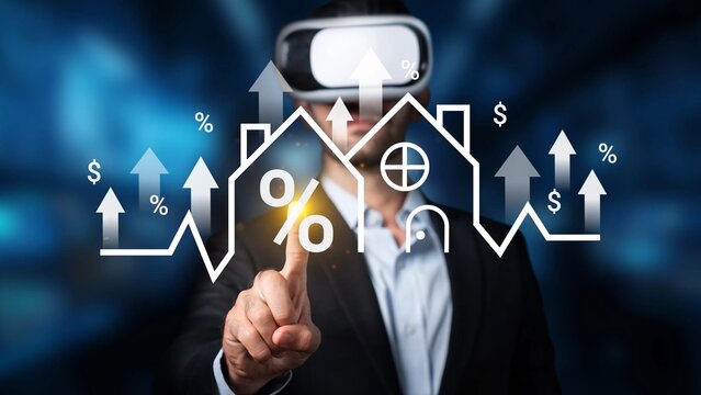 Man using virtual reality technology to explore real estate market data, property investments, and financial trends in modern digital environment Gluon. - Powered by Adobe
