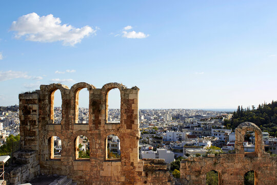 Ancient ruins overlooking Athens cityscape