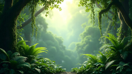 Fototapeta premium Lush green forest with ferns and sunlight filtering through the canopy