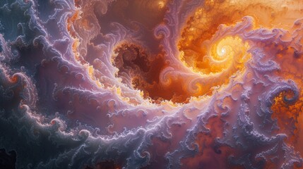 Abstract fractal art of a cosmic nebula. Swirling vortex of orange and blue energy. Dynamic space background with glowing spiral patterns