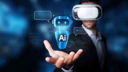 A man engages with advanced technology featuring virtual reality glasses and AI chatbot graphics, illustrating the future of communication and interaction in the digital era. Raster