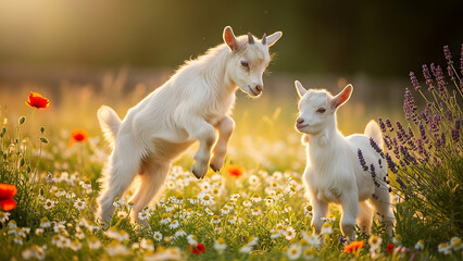 Obraz premium Two playful white baby goats jumping in a sunny meadow with flowers