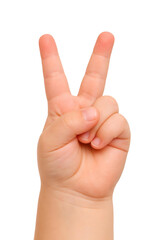 Kid hand showing the sign of victory and peace close-up isolated on white background.