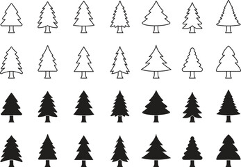 Obraz premium Pine tree icons set including fir spruce evergreen forest coniferous silhouettes and outlines vector illustration collection nature woodland minimalist web graphic design elements isolated.