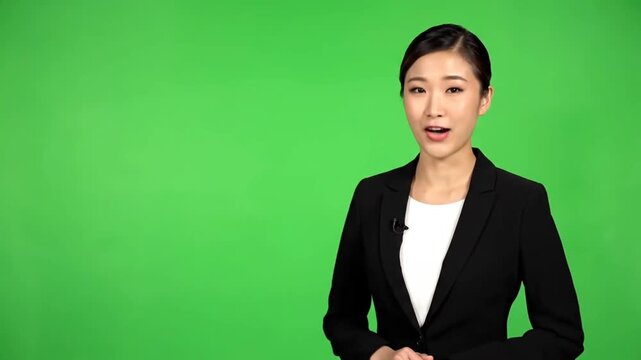 Professional Asian Woman Presenter Pointing on Green Screen Background for Presentation.