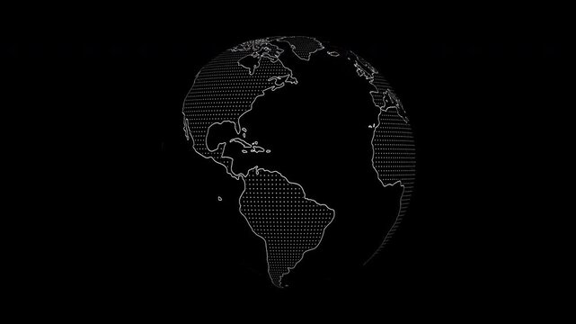 Digital white dotted planet earth loop animation isolated on a black background. Rotating stylized world globe with square particles. Big data technology, business, communication, or digital concept