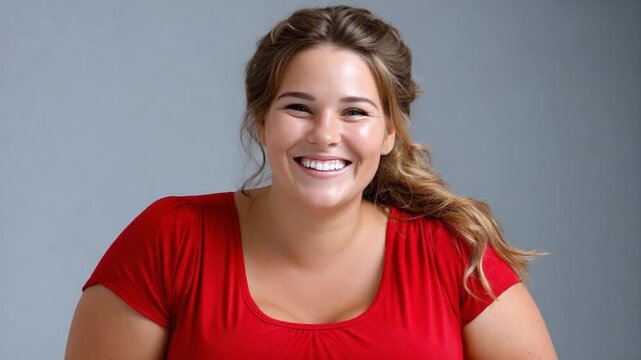 Radiant Confidence: A plus-size model exudes joy and positivity, showcasing her beautiful smile and celebrating body positivity and self-acceptance.