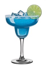 Blue Margarita Cocktail in Stemmed Glass with Lime Slice and Ice Cubes Isolated on White Background