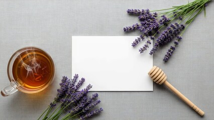 Light purple background with a tea cup and bouquet of purple flowers for elegant mockup.