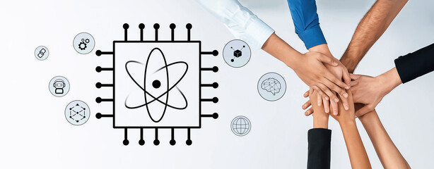 A powerful visual depicting diverse hands united in collaboration, surrounded by digital symbols and an atomic motif, representing innovation and teamwork in modern technology. Trope
