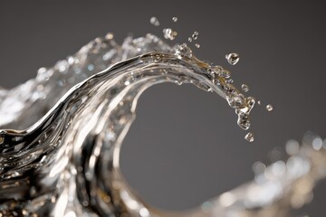 Glossy liquid sculpture: silver ribbon and droplets in soft light