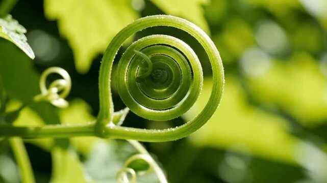 Green Spiral Tendril Unfurling, Nature's Fibonacci Sequence Growth, Macro Plant Detail