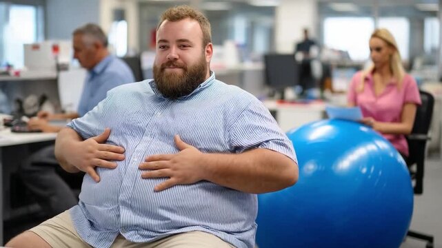 Health-Conscious Moments in the Office: A man, amidst the everyday of the office, uses an exercise ball with a pensive look on his face.
