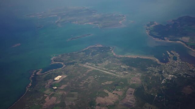 Aerial view of Vormsi island and Haapsalu city in Estonia.