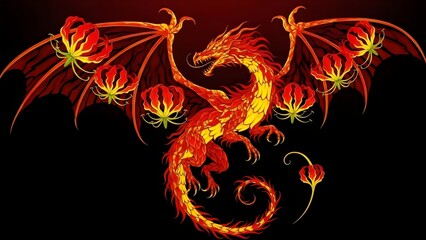 A fierce dragon crafted from Gloriosa lilies, blending natural floral elegance with mythical fire