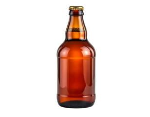 Amber glass bottle with metallic cap, dark liquid, isolated on black