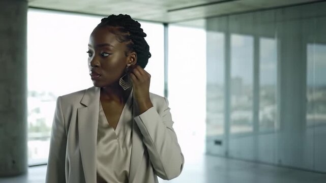 Elegant young black woman in tailored business-casual adjusts earring & bantu knots in sun-drenched minimalist apartment, exuding modern professionalism. Concept of empowerment