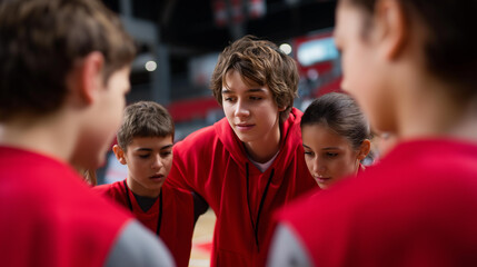 Junior basketball team gathering in motivational circle before game, young players listening to coaching staff, college tournament preparation, team unity and spirit, athletic