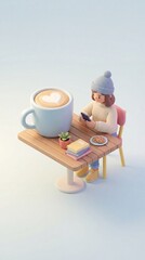 3D rendered girl sits at table with giant coffee cup and books using phone. Scene conveys cozy study atmosphere. Great for education or lifestyle concepts.
