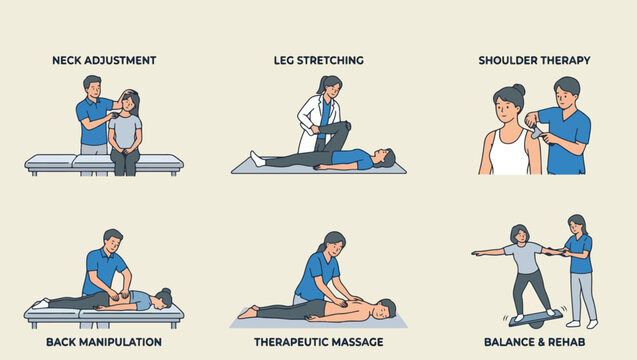 Chiropractic & Physical Therapy Vector Illustration Pack, chiropractor, physical therapy, manual therapy, rehabilitation, massage, stretching, joint manipulation, therapist, treatment table, 