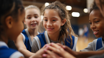 Vertical image of teenage girls in sports team, children having fun in basketball program, youth female athletes, school athletic club, girls celebrating teamwork, young players