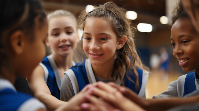 Vertical image of teenage girls in sports team, children having fun in basketball program, youth female athletes, school athletic club, girls celebrating teamwork, young players