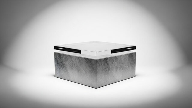A sleek, modern, gray box with a smooth surface and subtle shadows on a white background