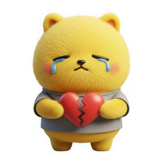 Crying bear holding broken heart, isolated on transparent background