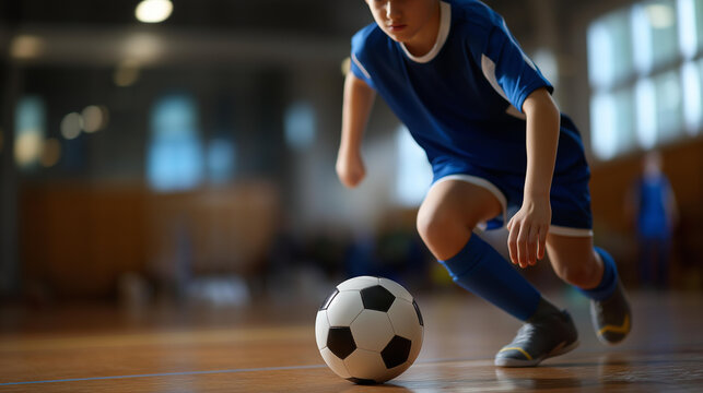 Indoor futsal player with soccer ball in sports hall, football training for children, youth athletic program, young player in uniform, gymnasium practice session, winter soccer