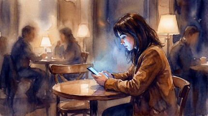 Obraz premium A watercolor painting of a woman sitting alone in a cafe looking at her phone screen. The scene depicts modern solitude amidst a warm busy background, ideal for technology concepts.