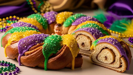 Slice of Mardi Gras King Cake with a hidden baby surprise. New Orleans carnival dessert tradition