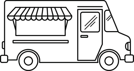 Black and white food truck line art illustration, isolated vector icon for mobile catering, street food business, festival vending, and restaurant branding design. © RIPON