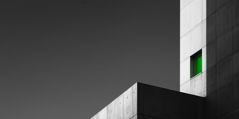 Black and white minimalist composition with deep green accent