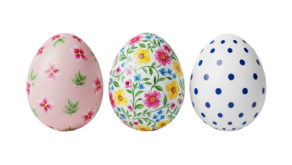 Three Easter Eggs with Floral and Polka Dot Decoration on a Transparent PNG Image