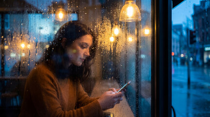 Young woman uses smartphone in cafe behind rain-streaked window. Cozy evening atmosphere with warm lights contrasting blue city twilight. Ideal for lifestyle and tech concepts.