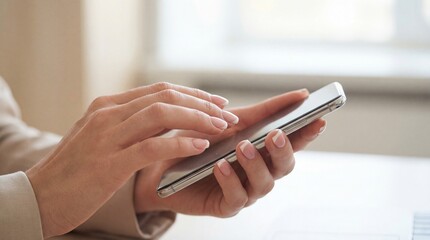 Close up of female hands holding smartphone and touching screen. Business woman using mobile app or texting message in office. Concept of modern technology and communication.