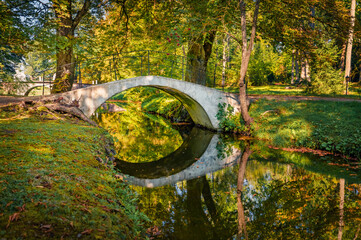 Adorable summer view of Burbishko natural park. Green morning scene of foliage forest with arch...