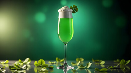 St patrick's day green cocktail drink with shamrock garnish