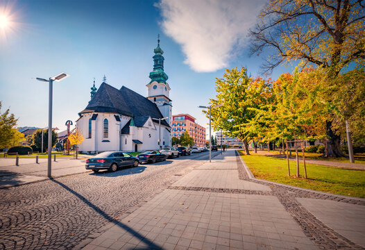 Beautiful autumn view of Catholic Church of St. Elizabeth, Slovakia, Europe. Bright afternoon cityscape of Zvolen city in central Slovakia, situated on the confluence of Hron and Slatina rivers.