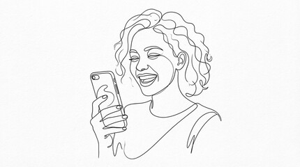 Continuous line drawing of a happy woman laughing while looking at her smartphone. Minimalist black sketch on white paper texture. Perfect for communication or social media concepts.