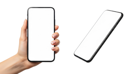 Feminine hand with french manicure grasping two black frameless smartphones with blank white screens on a seamless high-key transparent background, showcasing mobile technology interface mockup