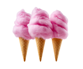 Three fluffy pink cotton candy treats in crispy waffle cones are arranged in a row, a sweet sugary dessert from a fun carnival or fair celebration