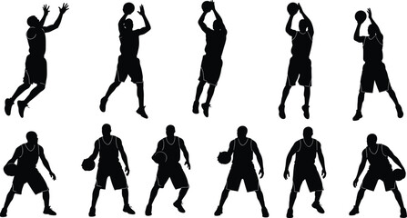 Obraz premium Basketball player silhouette set, black illustration of jump shot and dribbling poses for sports design, motion study, training