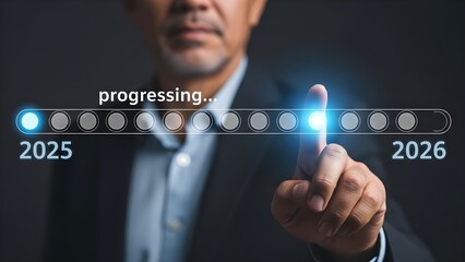 Businessman pressing a progressing timeline button from 2025 to 2026 on a futuristic interface