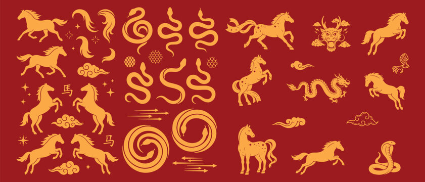 Chinese zodiac animals golden silhouettes set on red background, traditional lunar new year symbols collection with dragon horse snake and decorative elements